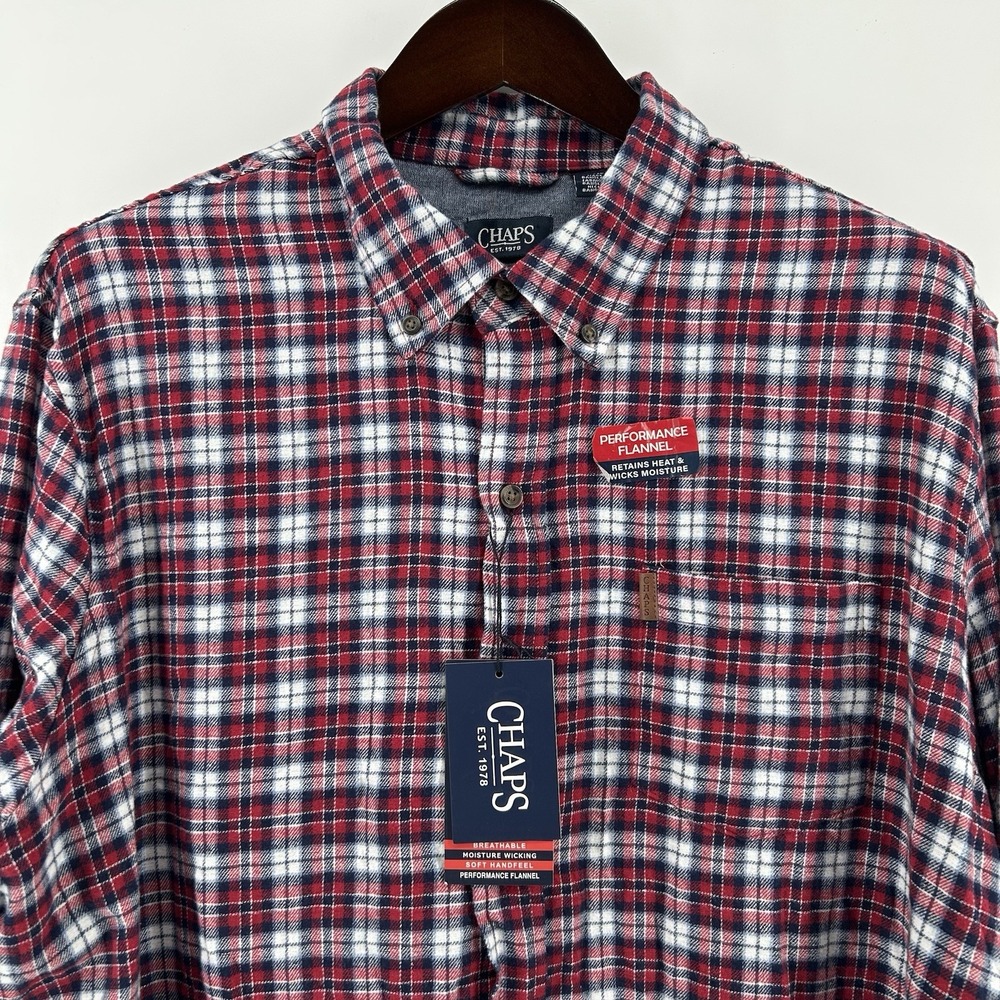 Chaps Performance Flannel Shirt Mens 2XL Red Blue Plaid Moisture Wicking NWT